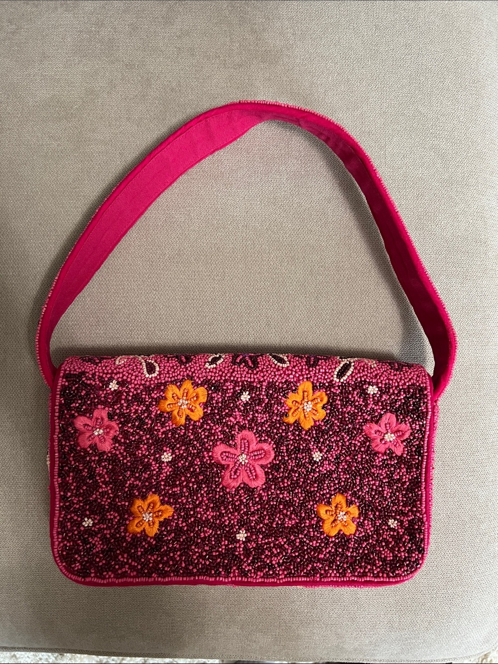 Lulu's Hand-Beaded Pink Floral Shoulder Bag with Orange Accents - Picture 2 of 3